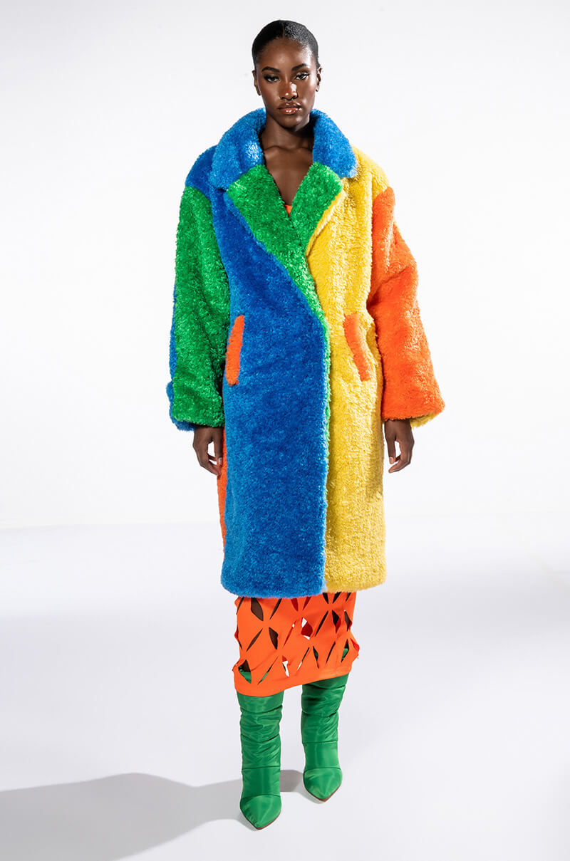 Extra View Happy Hour Colorblock Rainbow Teddy Faux Fur Coat