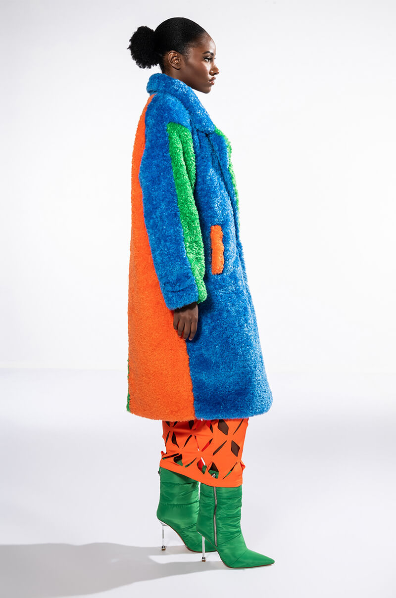 Extra View Happy Hour Colorblock Rainbow Teddy Faux Fur Coat
