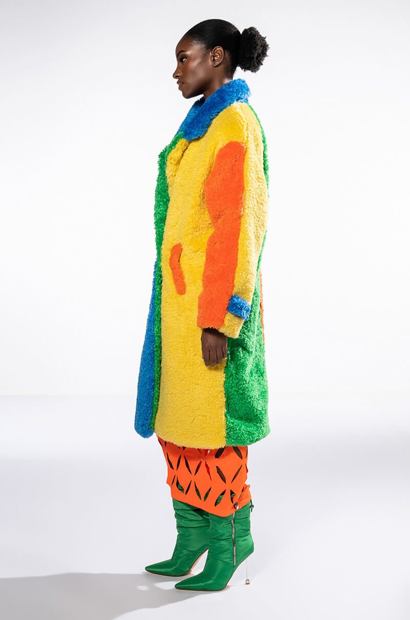 Extra View Happy Hour Colorblock Rainbow Teddy Faux Fur Coat