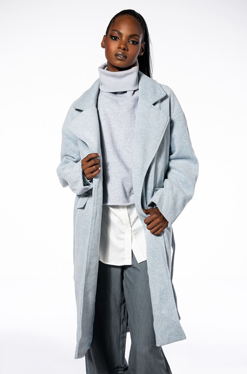 Front View Happy Hour Wool Like Trench Coat In Heather Grey