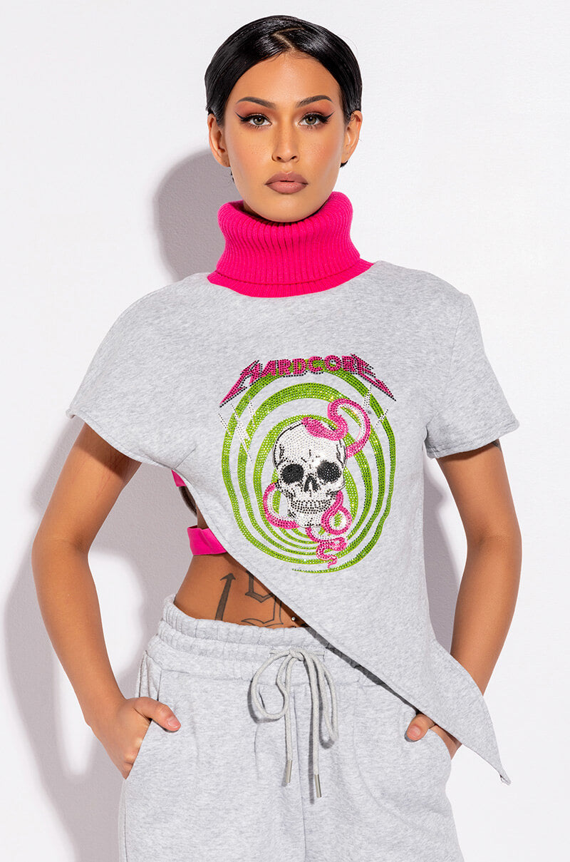 Front View Hardcore Graphic Asymmetrical Turtleneck Sweatshirt