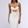 Front View Harriet Draped Pearl Bodycon Midi Dress In White