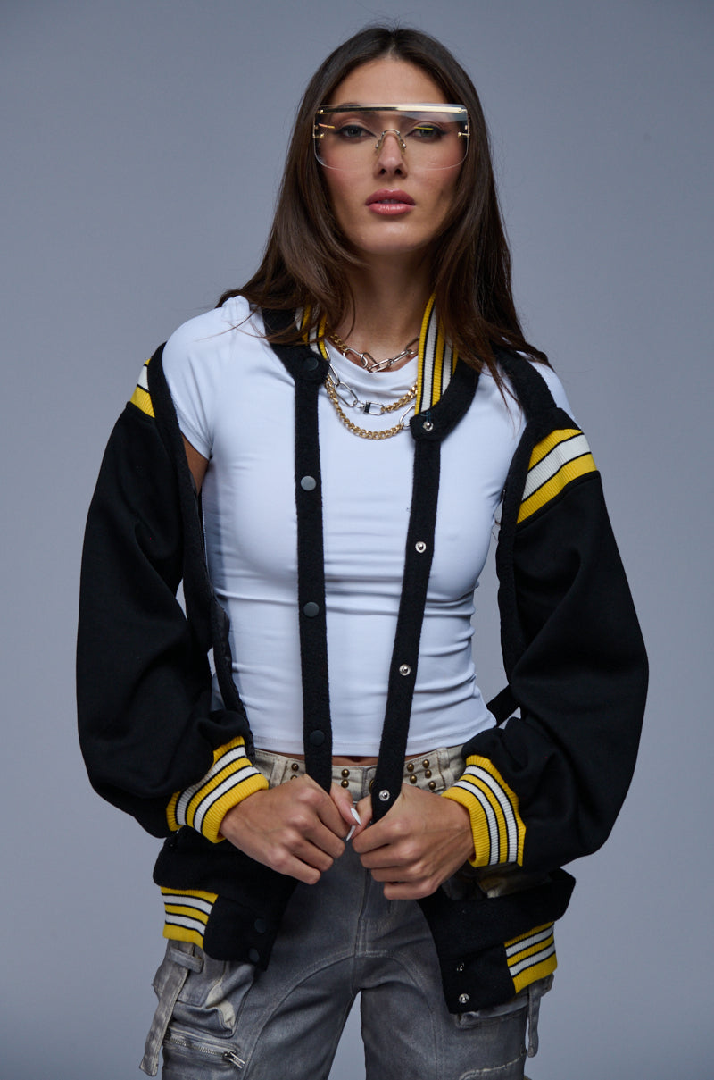 Front View Hate The Player Cutout Bomber Jacket