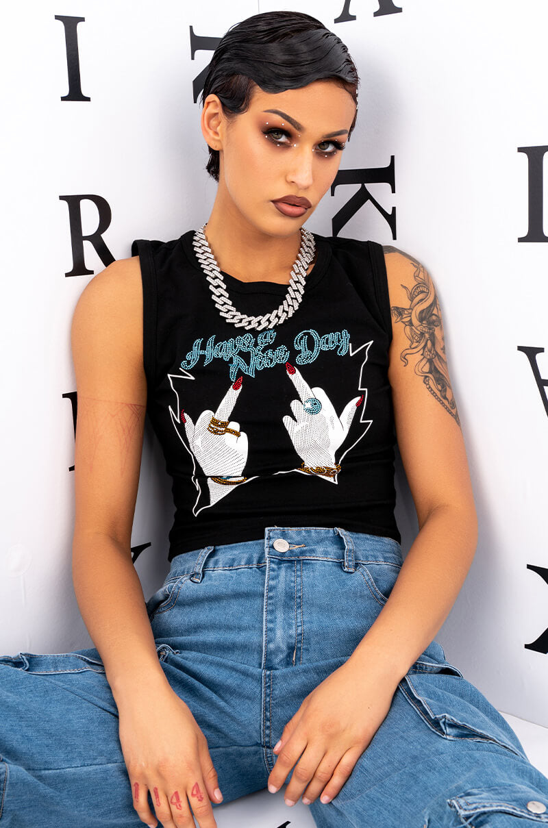 Front View Have A Nice Day Embellished Graphic Tank Top