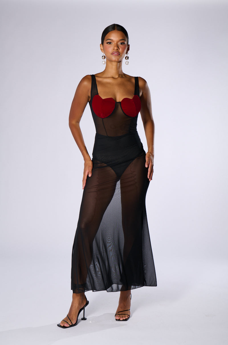 Front View Heart Eyes Mesh Maxi Dress