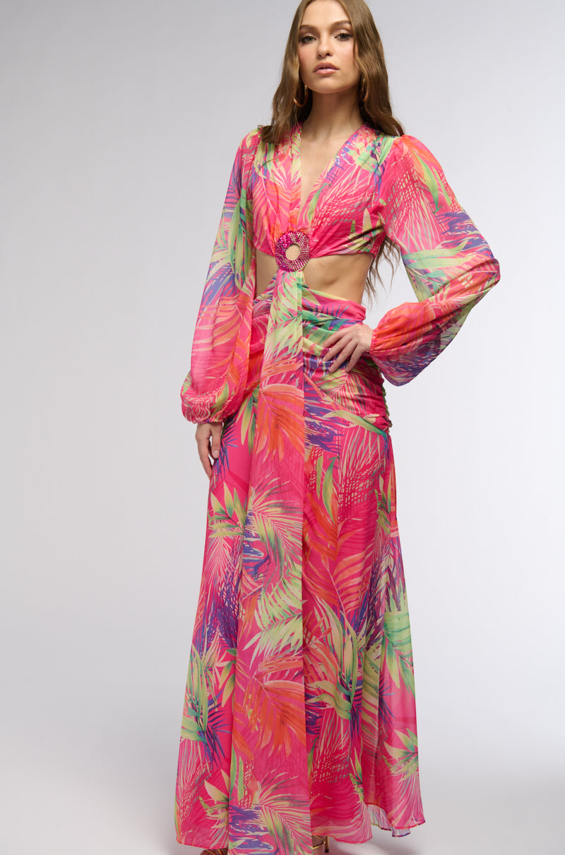 Back View Heart Of Palm Printed Maxi Dress In Pink Multi