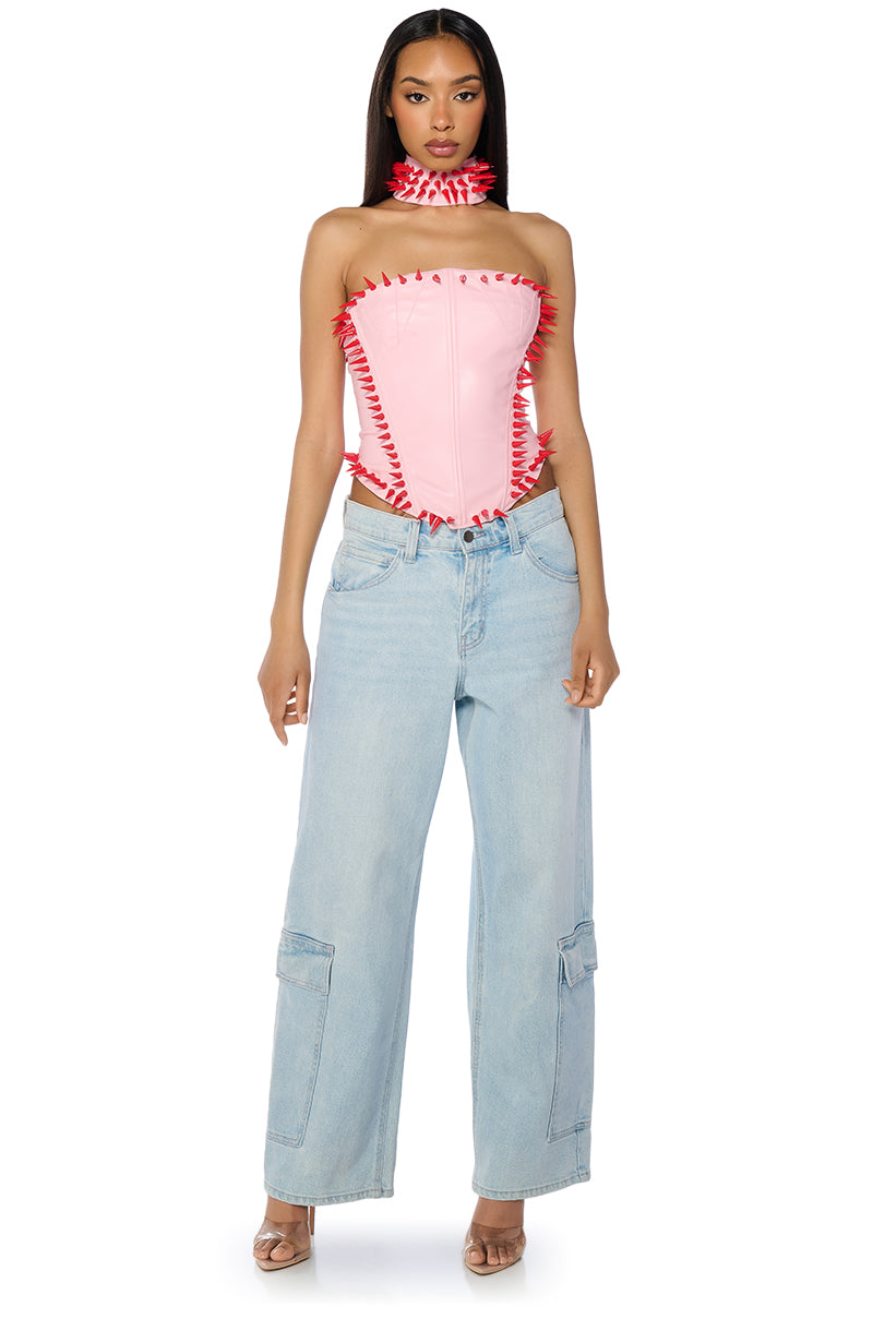 HEARTBREAKER FAUX LEATHER SPIKE DETAIL CORSET – AKIRA