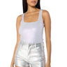 Front View Heated Rhinestone Mesh Bodysuit In Silver