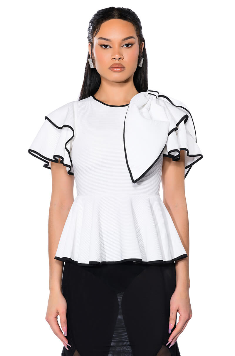 Front View Heaven Sent Short Sleeve Peplum Blouse