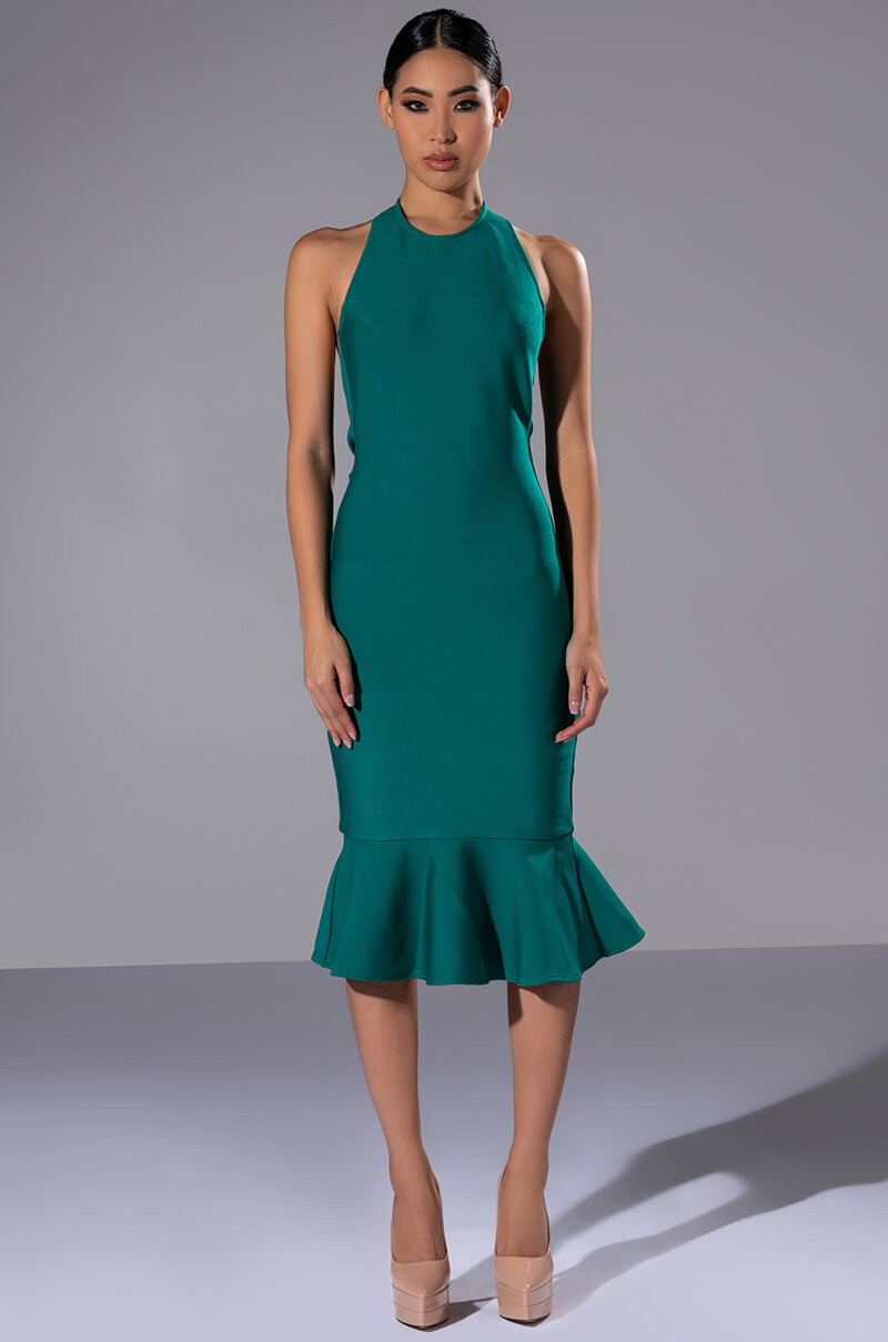 Front View Heiress Sleeveless Peplum Dress In Emerald