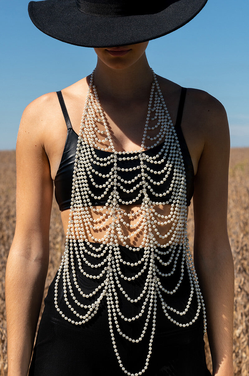 Front View Helen Of Troy Statement Pearl Body Chain Harness
