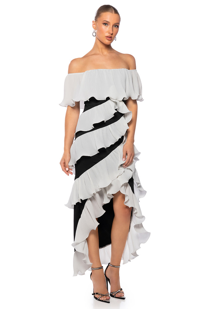 Front View Hello Senorita Pleated Ruffle Midi Dress
