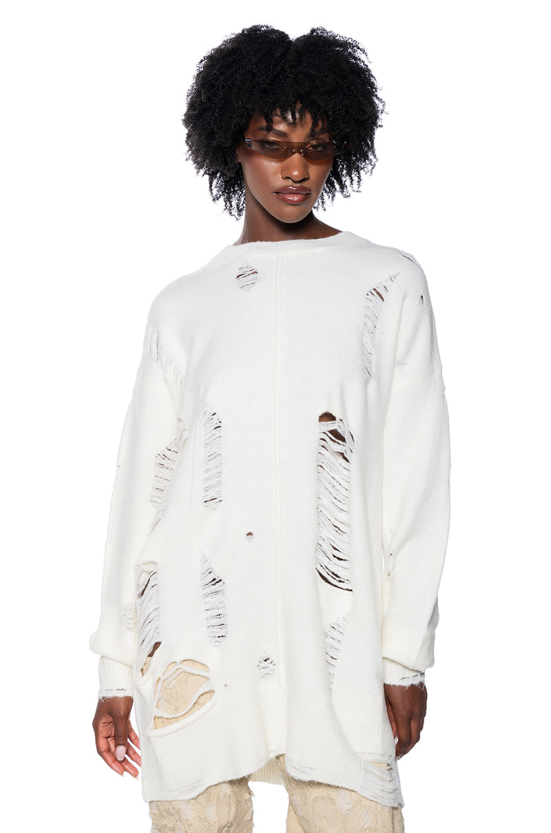 Front View Her Holiness Ripped Up Sweater Dress