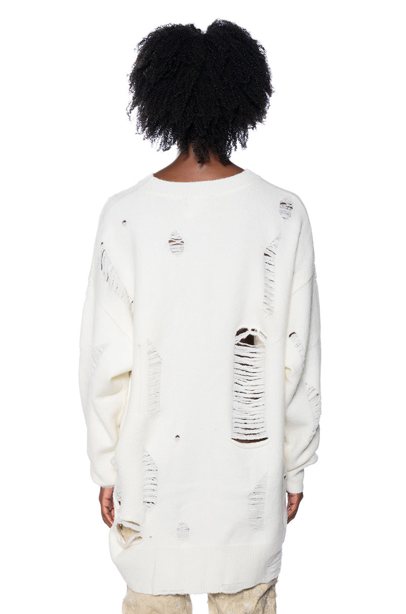 ripped oversized sweater dress UAMVSH Ripped Sweaters Dresses for Women Oversized Crew Neck Long Sleeve Knitted Pullover Tops Trendy Distressed Solid Color Dresses(Small,White)