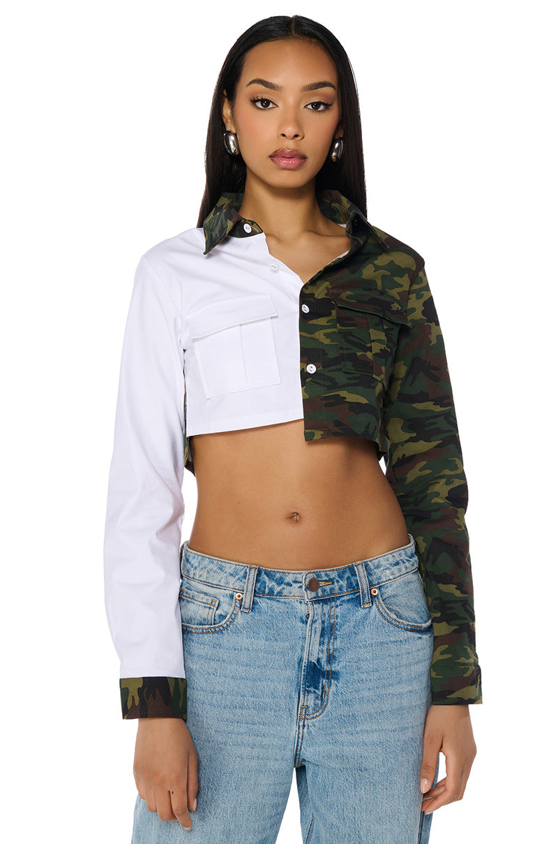 Front View Her Way Long Sleeve Button Down Poplin Camo Shirt