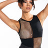 Front View Here And There Rhinestone Mesh Panel Sleeveless Bodysuit