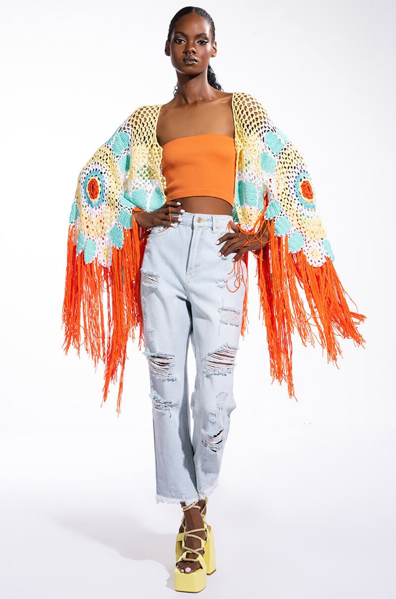 Side View Here Comes The Sun Crochet Fringe Cardigan