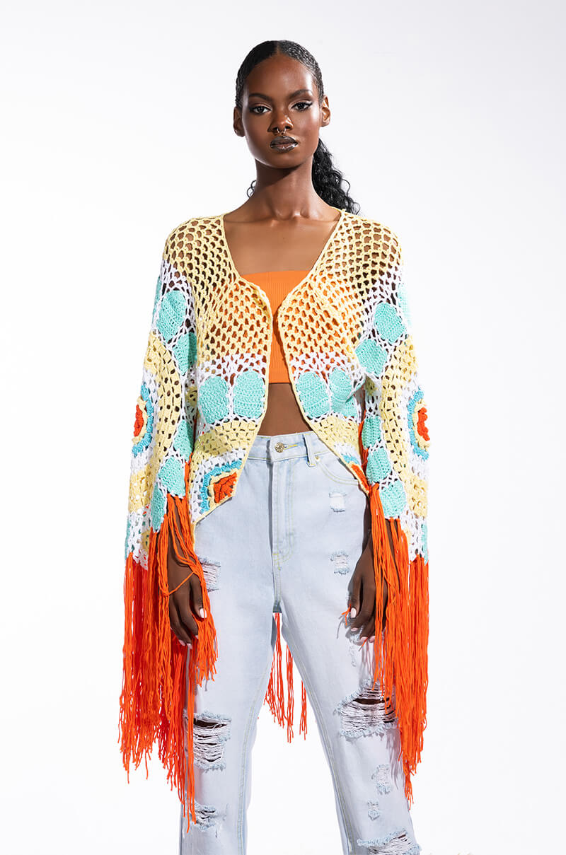 Back View Here Comes The Sun Crochet Fringe Cardigan