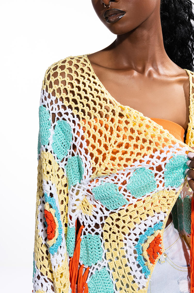 Extra View Here Comes The Sun Crochet Fringe Cardigan