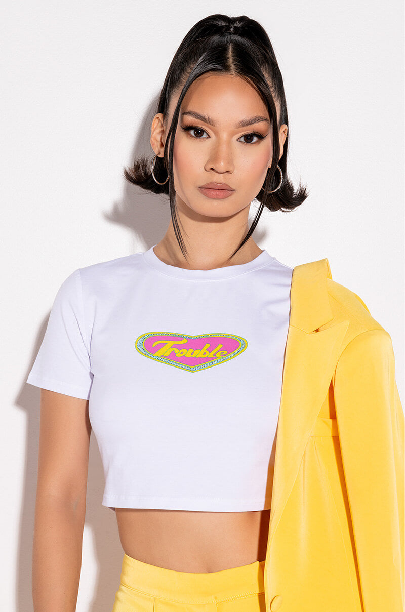Front View Here Comes Trouble Embellished Short Sleeve Tee