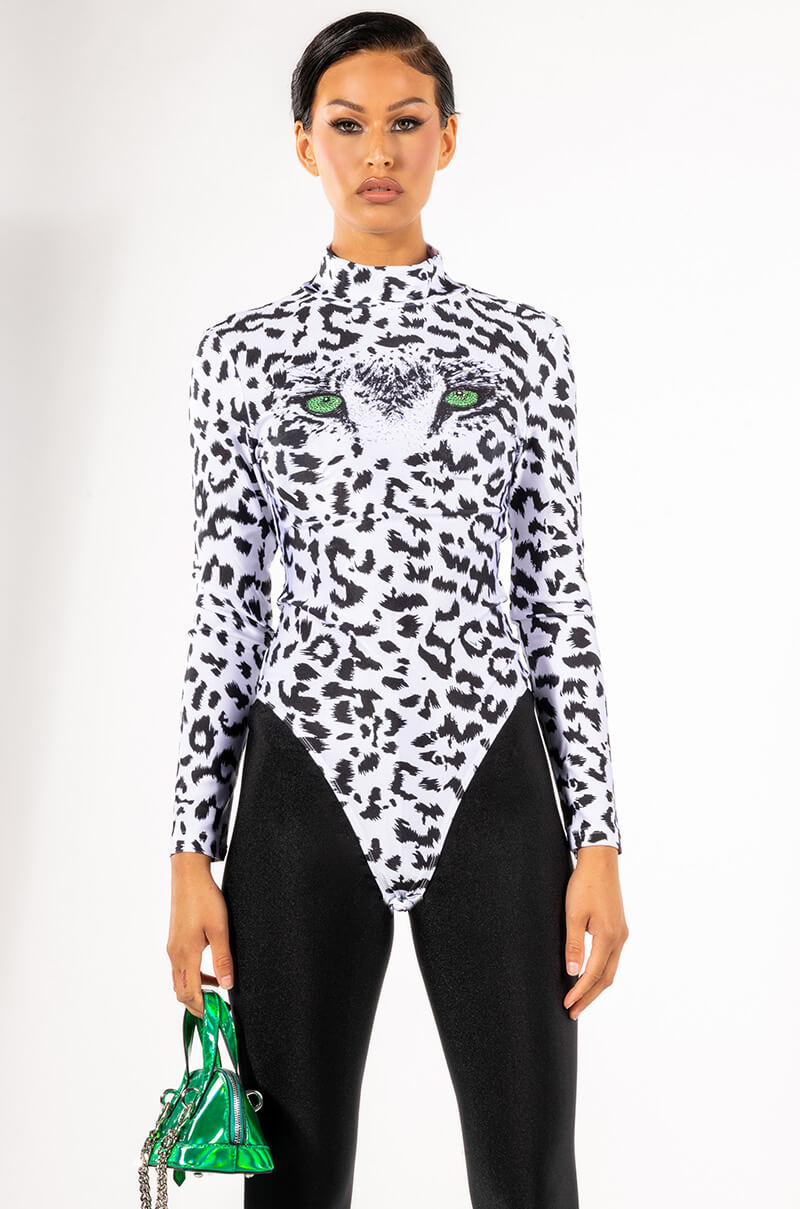 Back View Here Kitty Kitty Long Sleeve Mock Neck Cheeky Bodysuit