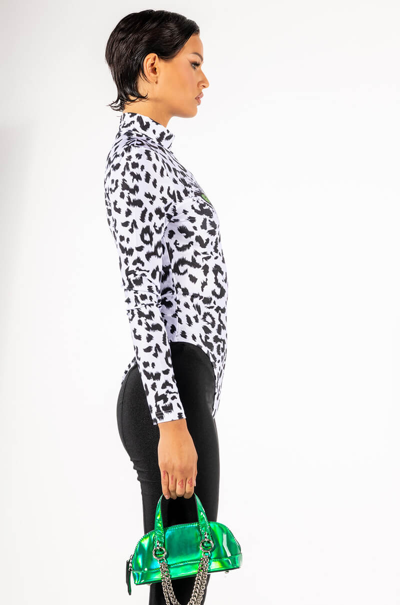 Detail View Here Kitty Kitty Long Sleeve Mock Neck Cheeky Bodysuit
