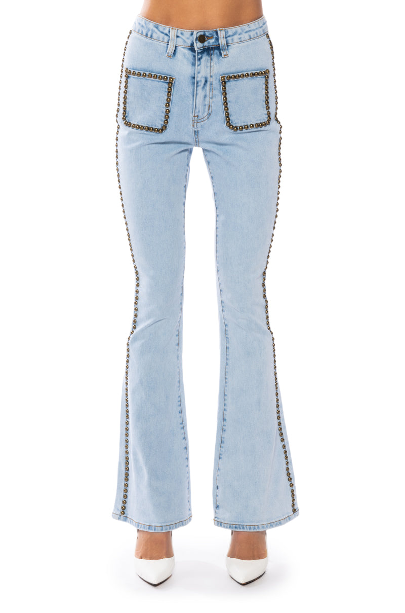 Full View Here To Stand Out Embellished High Rise Flare Jeans