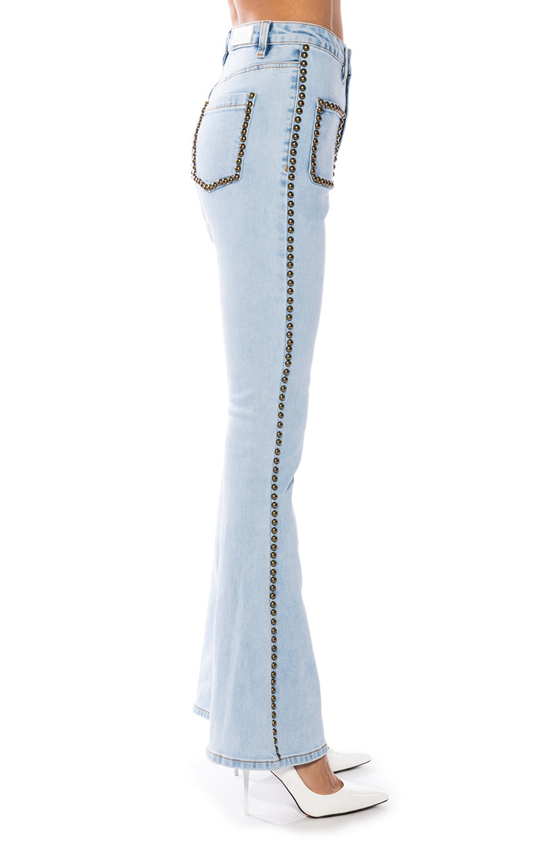 Extra View Here To Stand Out Embellished High Rise Flare Jeans