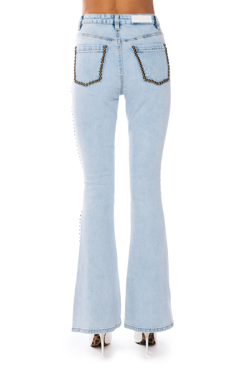 Extra View Here To Stand Out Embellished High Rise Flare Jeans