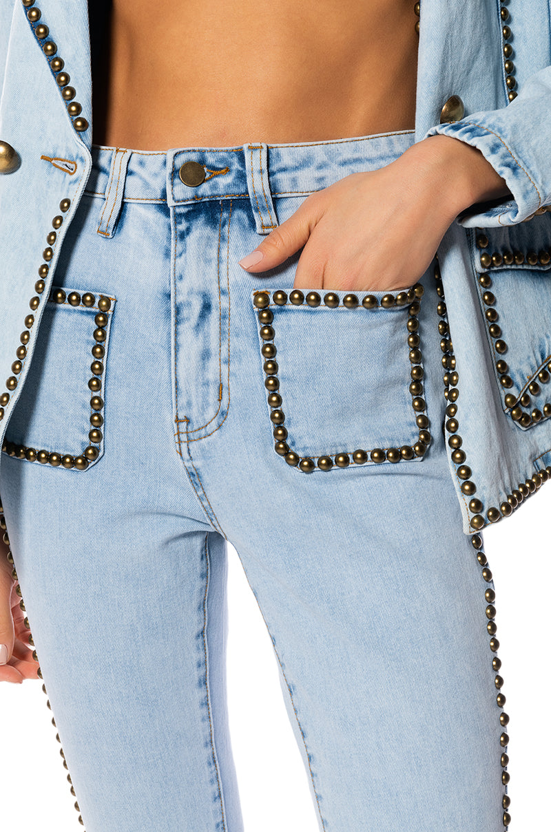 Extra View Here To Stand Out Embellished High Rise Flare Jeans
