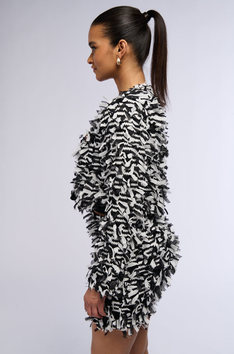 Back View Here With Me Fringe Blazer Jacket In Black And White