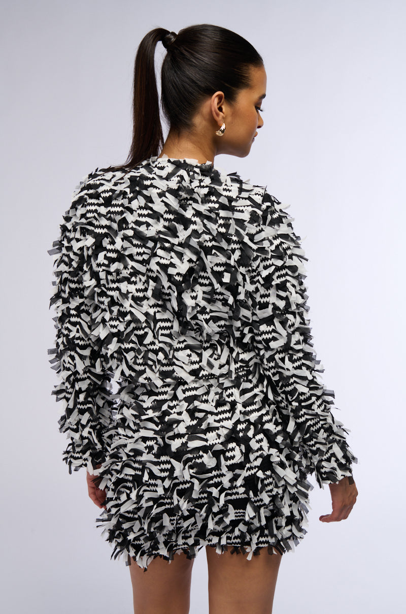 Detail View Here With Me Fringe Blazer Jacket In Black And White