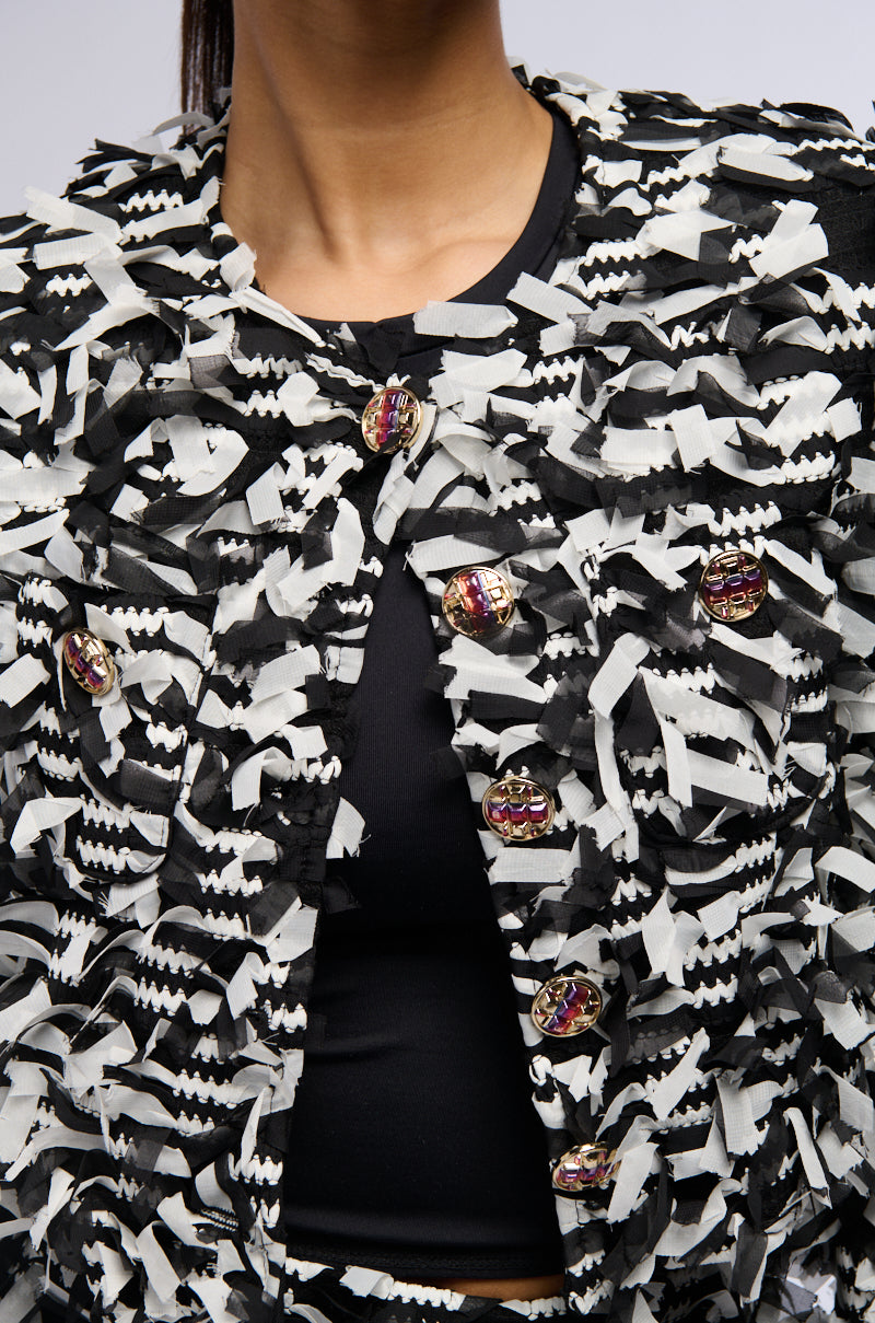Extra View Here With Me Fringe Blazer Jacket In Black And White