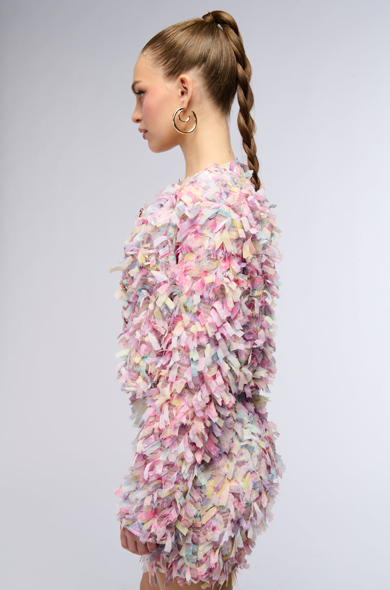 pink fringe blazer dress Pink String Him Along Fringe Dress | XS | One Shoulder Fringe Dress with Side Cut-Out