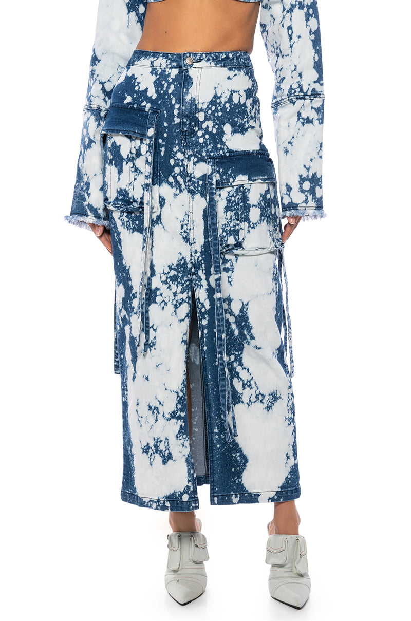 Front View Hey Now Acid Wash Cargo Denim Maxi Skirt
