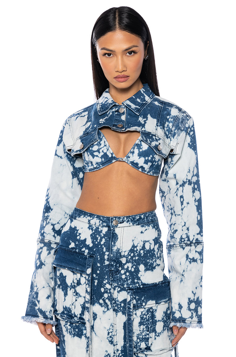 Front View Hey Now Acid Wash Ultra Crop Denim Bolero 0