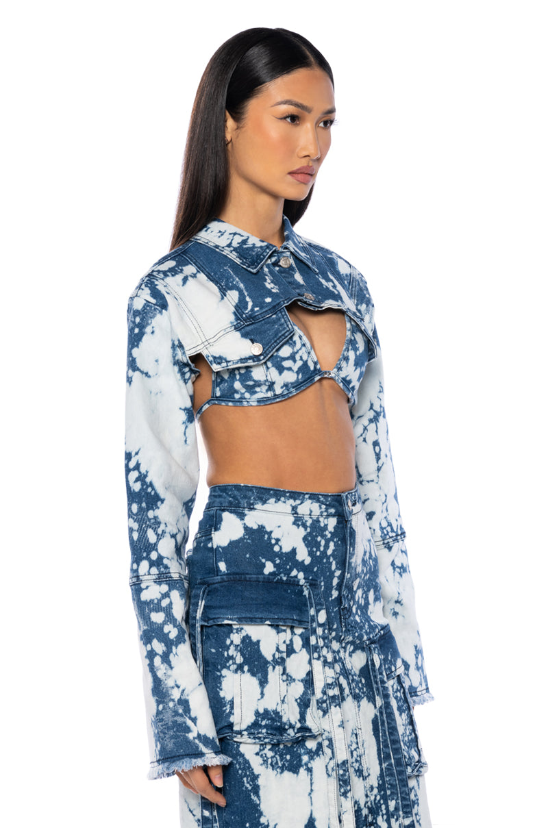 Side View Hey Now Acid Wash Ultra Crop Denim Bolero 1