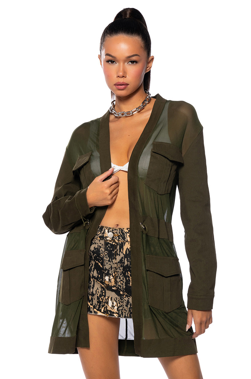Front View Hey Now Mesh Blazer Duster In Olive