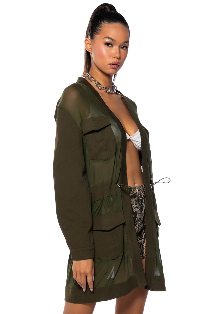 Side View Hey Now Mesh Blazer Duster In Olive