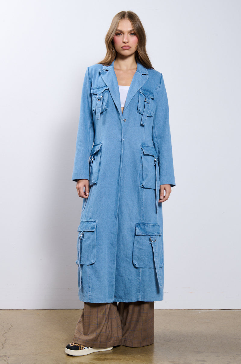 Back View High Expectations Denim Trench