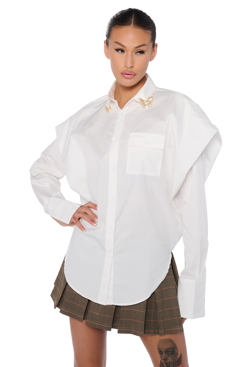 Front View High Pointed Shoulder Button Down Poplin Shirt