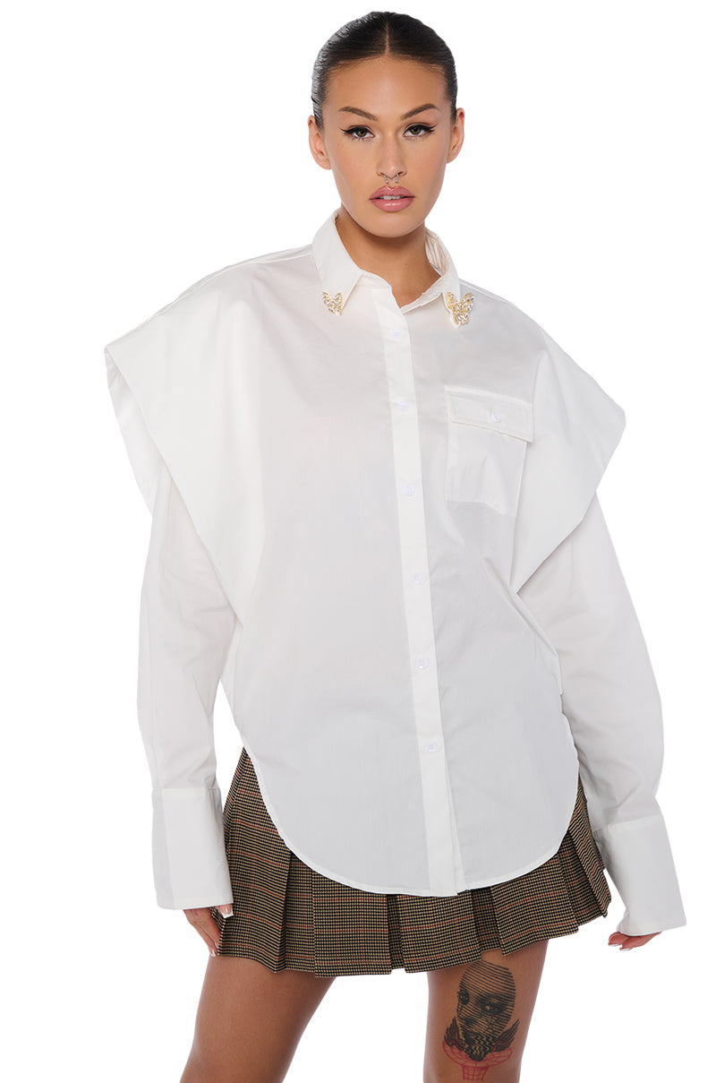 Side View High Pointed Shoulder Button Down Poplin Shirt