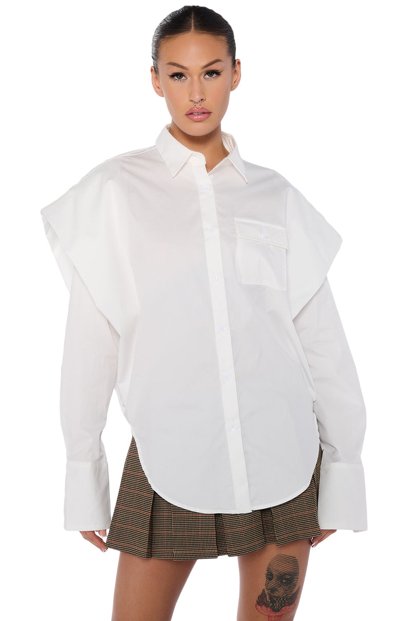 Back View High Pointed Shoulder Button Down Poplin Shirt