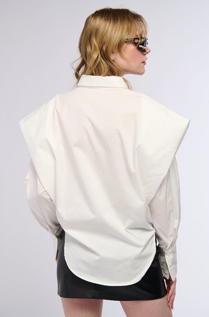 Back View High Pointed Shoulder Button Down Poplin Shirt