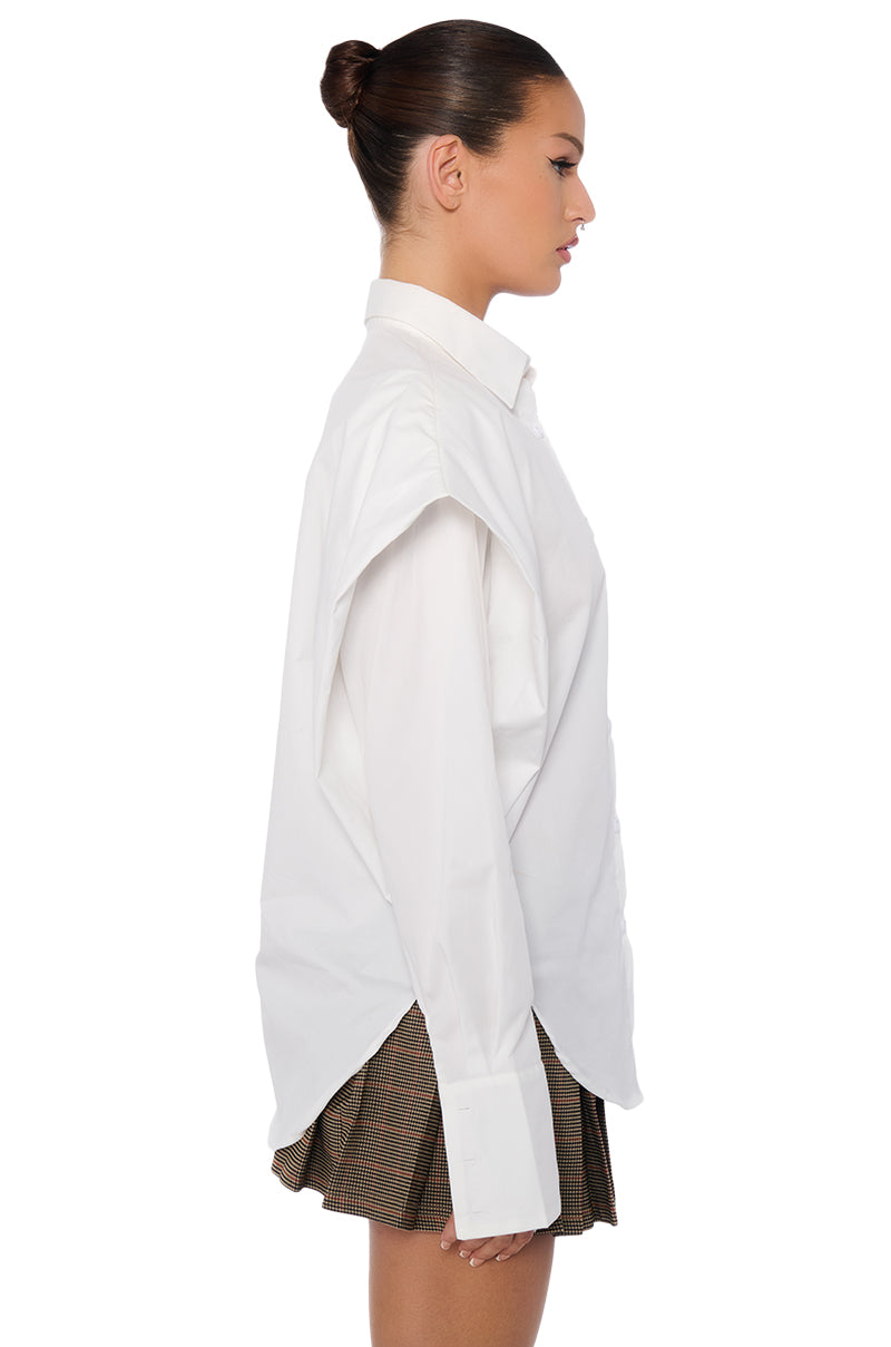 Full View High Pointed Shoulder Button Down Poplin Shirt