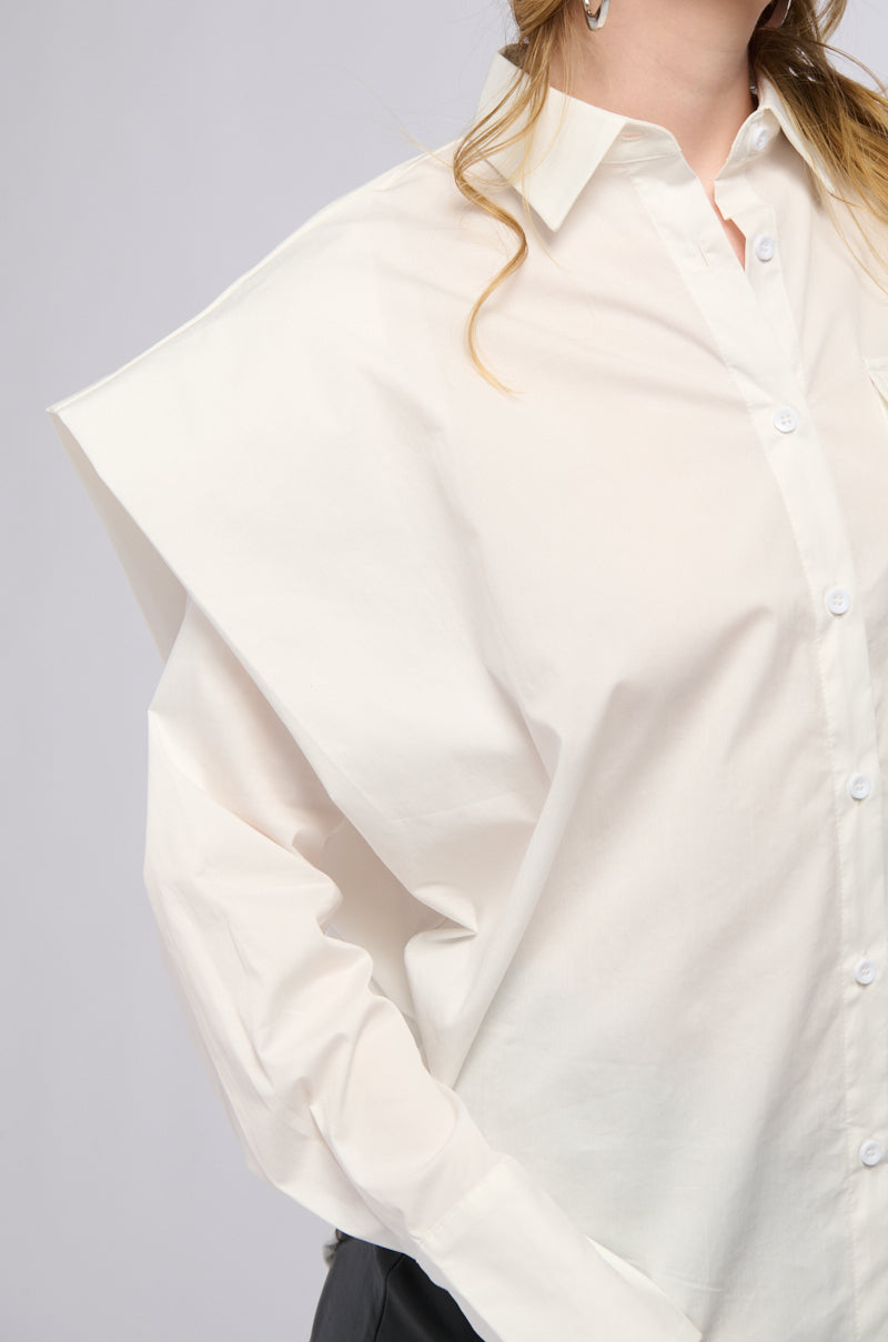 Full View High Pointed Shoulder Button Down Poplin Shirt