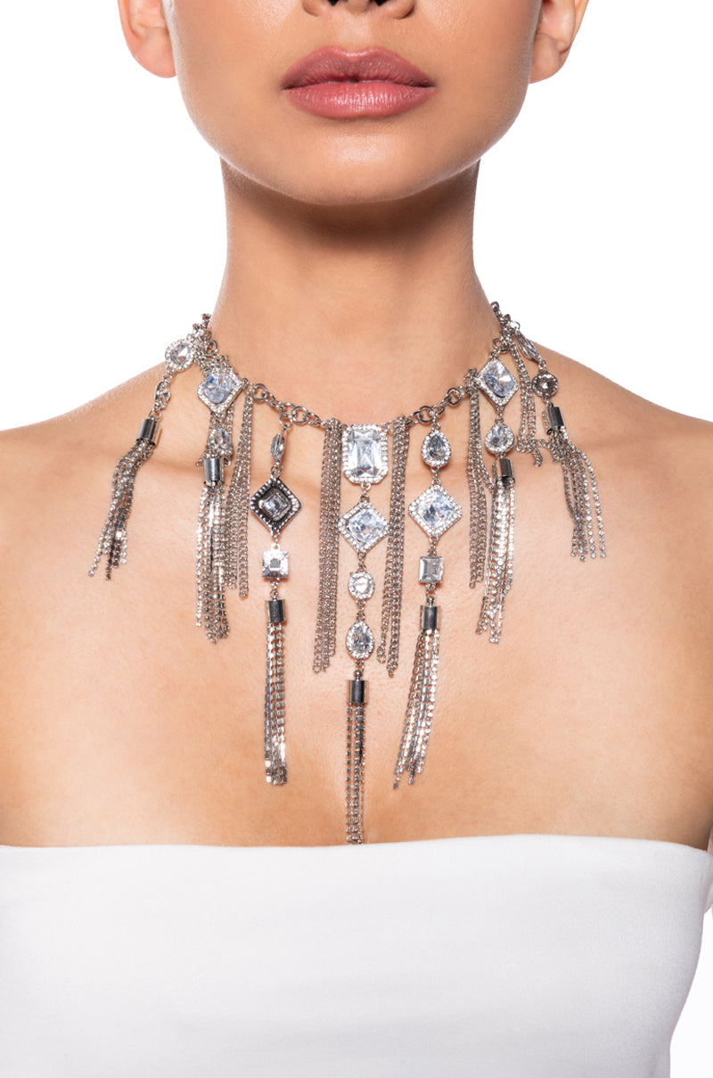 Front View High Road Rhinestone Fringe Statement Necklace