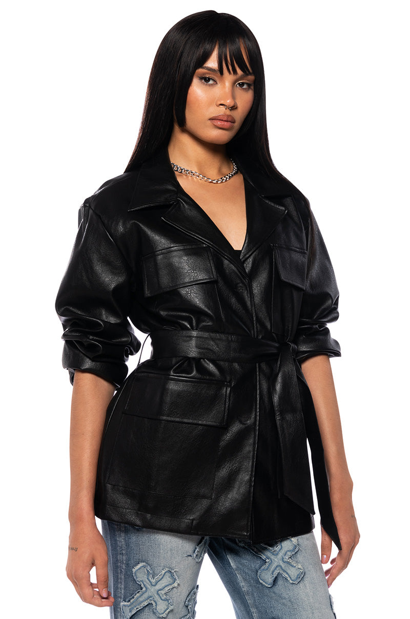 Front View Higher Love Tie Front Faux Leather Jacket In Black