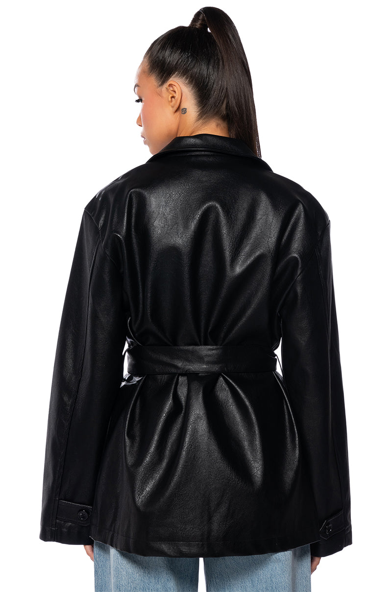 Full View Higher Love Tie Front Faux Leather Jacket In Black