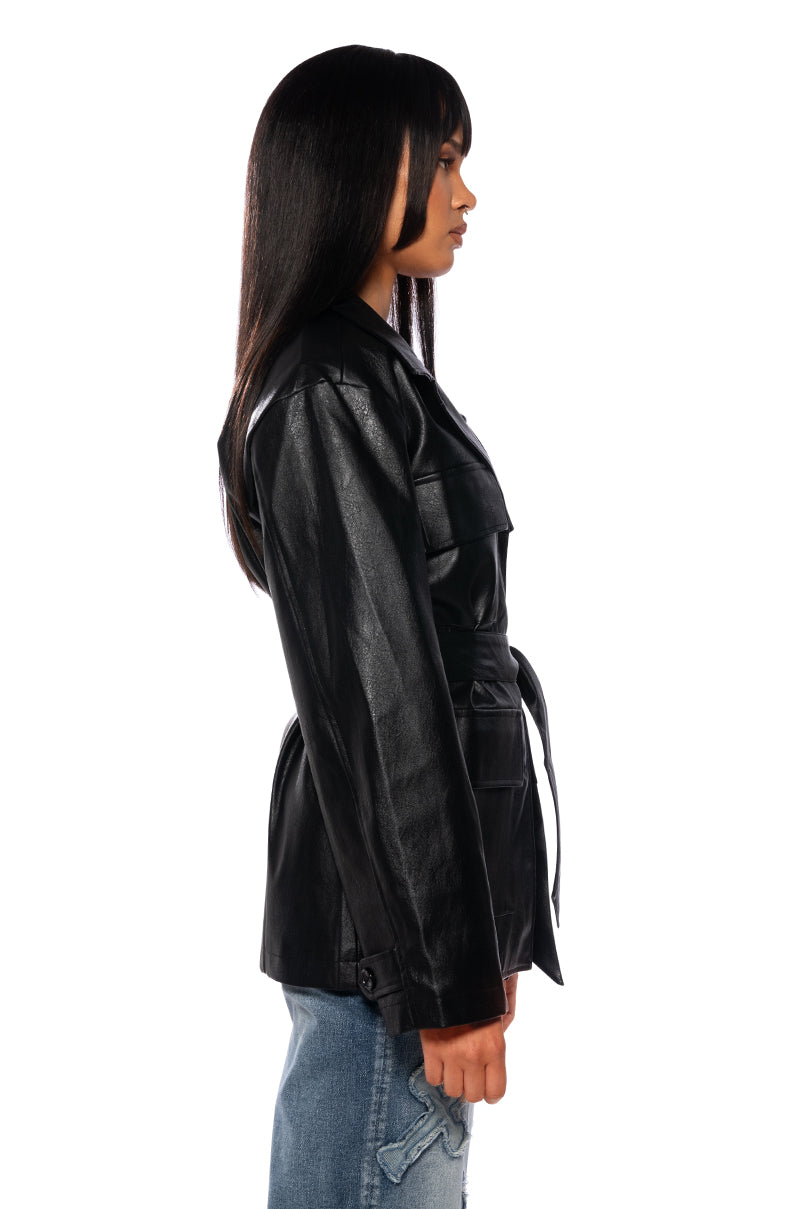 Full View Higher Love Tie Front Faux Leather Jacket In Black